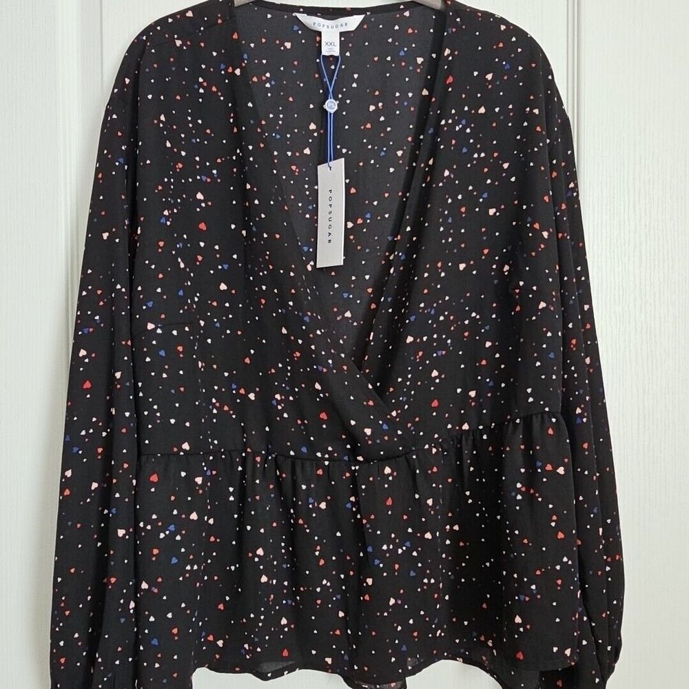 POPSUGAR Sheer Crossover Babydoll Top Blouse XXL Black Ditzy Hearts Cute Goth